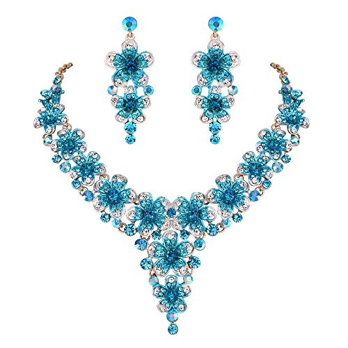 BriLove Wedding Bridal Necklace Earrings Jewelry Set Crystal Multi Hibiscus Flower Enamel Statement Necklace Dangle Earrings Set Blue Topaz Color Gold-Toned