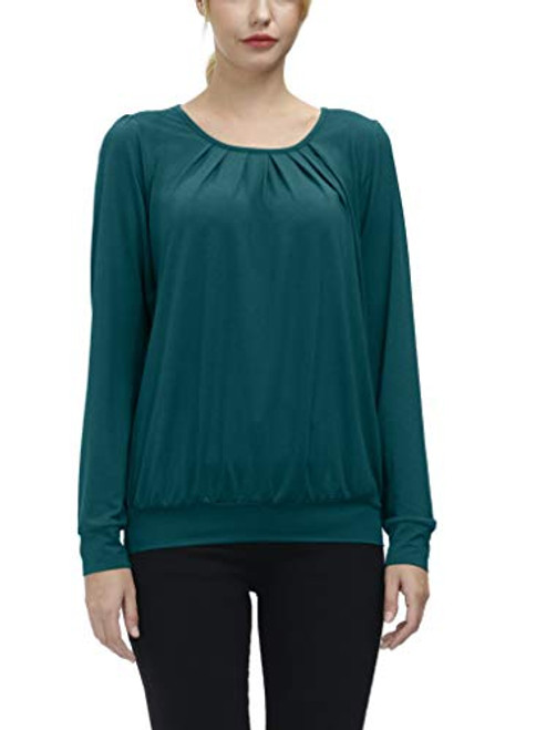 MOHEEN Womens Crew Neck Long Sleeve Pullover Loose Fit Pleated Tunics Sweatshirt -2XL Dark Green-