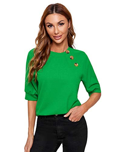 Romwe Women s Short Sleeve Tie Front Knot Casual Loose Fit Tee T-Shirt Green Solid L