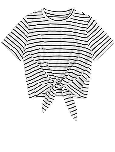 Romwe Women s Knot Front Cuffed Sleeve Striped Crop Top Tee T-Shirt White Stripes XL