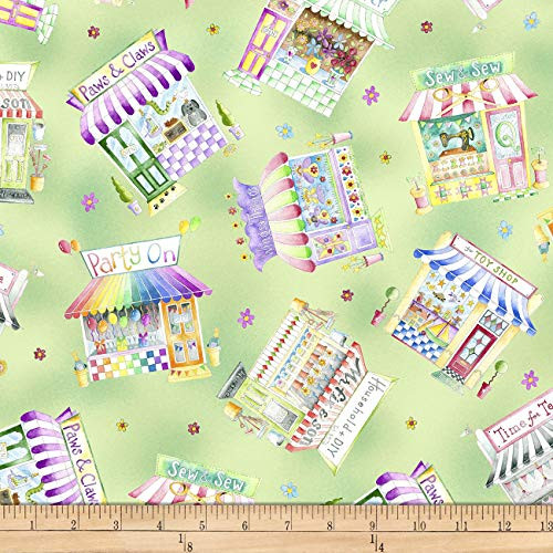 QT Quilt Fabrics Shop Hop Tossed Storefronts Spring Green