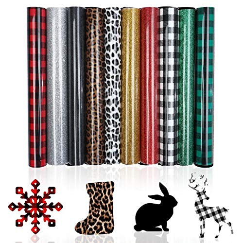 10 Sheets Christmas Buffalo Plaid Heat Transfer Vinyl Leopard Print Iron-on Vinyl Bundle HTV Vinyl PU Glitter Heat Transfer Vinyl Adhesive Vinyl Clothing Patches Sheets for DIY T-Shirt Hat Bag Pillow