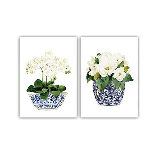 YGYT Flower Canvas Wall Art Magnolia Chinoiserie Oriental Vase Prints Blue White Porcelain Poster Painting on Canvas for Home Living Room Bedroom 15x20inx2pcs No Frame