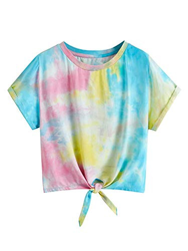 Romwe Women s Tie Knot Front Cuffed Sleeve Crop Top Tee T-Shirt Tie Dye Medium