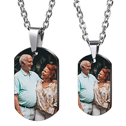 MeMeDIY Personalized Dog Tag Necklace Engraving Photo Name Date Calendar Customized with Picture Pendant Necklace for Men Women Boys Girls Couples Memorial Stainless Steel Love Jewelry -Black Color-