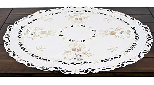 Christmas Embroidered Gold Candle and Lace Bell Table Topper Tablecloth 34 Inch Round Doily Table Topper