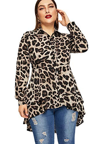 Romwe Women s Plus Size Leopard Print Long Sleeve High Low Button Down Longline Peplum Blouse Multicolor 3XL