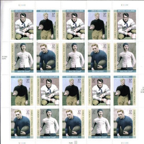 2003 EARLY FOOTBALL HEROES  3811a Pane of 20 x 37 cents US Postage Stamps