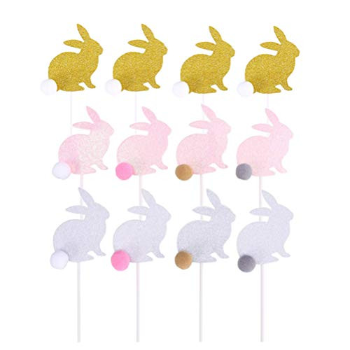 ABOOFAN 12 Pcs Easter Cupcake Topper Easter Glitter Bunny Cupcake Picks with Pom Poms Rabbit Theme Cake Insert Cards Decoration Spring Easter Party Supplies Mixed Color
