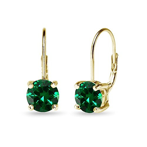 Yellow Gold Flashed Sterling Silver Polished Synthetic Green Quartz 7mm Round Dainty Leverback Earrings
