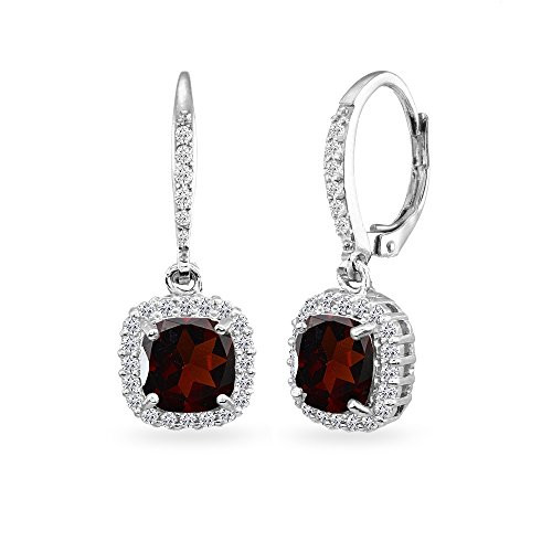 Sterling Silver Garnet Cushion-Cut Dangle Halo Leverback Earrings with White Topaz Accents