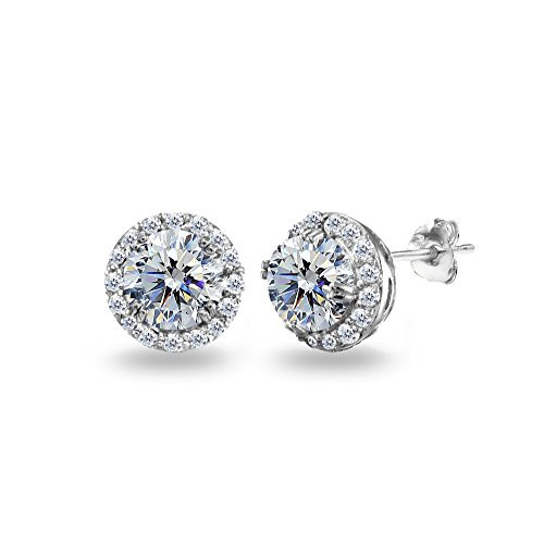 Sterling Silver Clear Round-cut Halo Stud Earrings Made with Swarovski Crystals