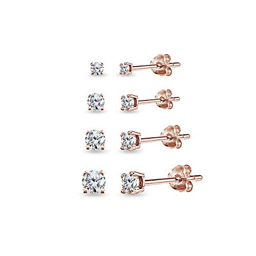 4 Pair Set Rose Gold Flashed Sterling Silver Cubic Zirconia Round Stud Earrings  2mm 3mm 4mm 5mm