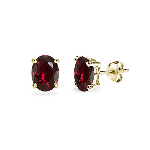 Yellow Gold Flashed Sterling Silver Synthetic Ruby 6x4mm Oval-Cut Solitaire Stud Earrings