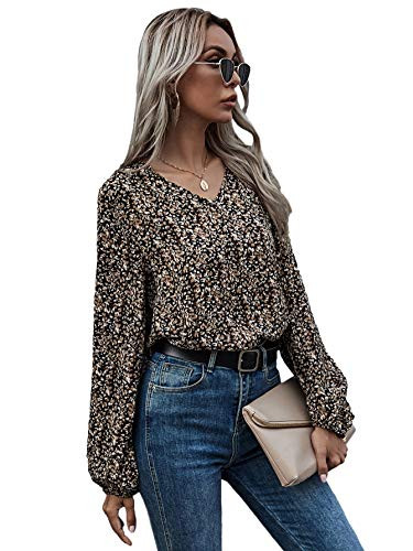 Romwe Women s Leopard Print Shirts Bishop Long Sleeve V Neck Blouse Tops Multi XL