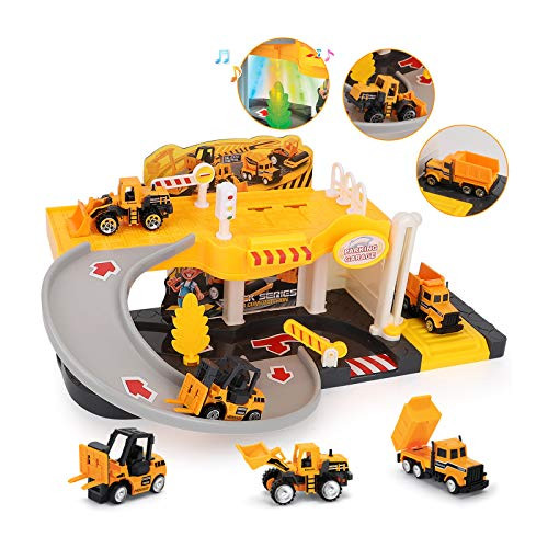 Ealing Construction Toys Construction Site Toys with Construction Trucks Lights and Music?Vehicles Toy Set with Parking Lot Kids Engineering Playset Race Tracks for Boys