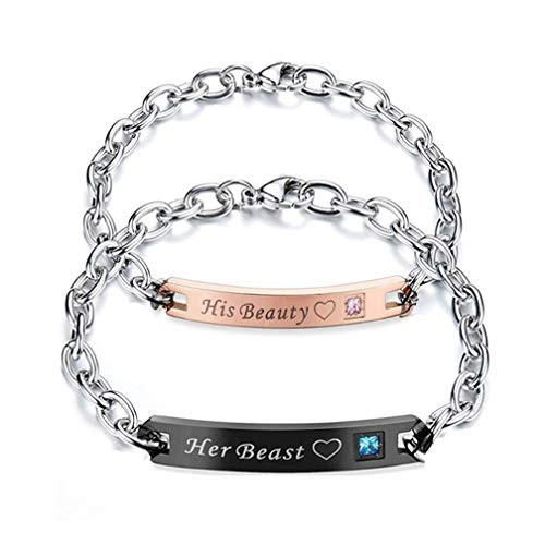 4EAELove Engraved Matching Couple Bracelet His Her Chain Link Bracelet Her Buck His Doe Her Beast His Beauty Titanium Stainless Steel -Her Beast His Beauty-