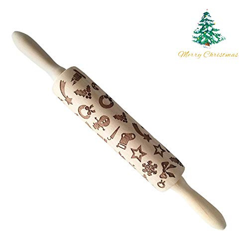 Christmas Wooden Rolling Pins, Engraved Embossing Rolling Pin Christmas Symbols Pattern Embossed Rolling Pin Baking Supplies for Cookies?Updated Version? -1Pcs by HSWT
