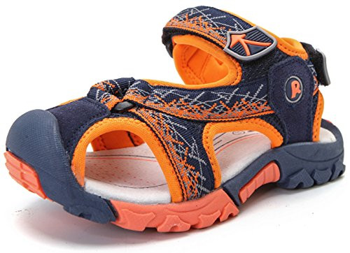 DADAWEN Boys Girls Kids Sandals Outdoor Hiking Athletic Summer Beach Closed-Toe Water Sandals -Toddler Little Kid Big Kid- Dark Blue Orange US Size 11.5 M Little Kid