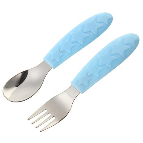 EXCEART Toddler Flatware Forks and Spoons Feeding Utensils Set Stainless Steel Kids Silverware Set for Baby Self Feeding Blue