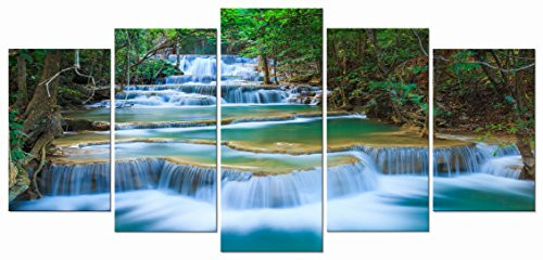 Wieco Art Peaceful Waterfall Modern 5 Piece Stretched and Framed Artwork Giclee Canvas Prints Green Landscape Pictures Paintings on Canvas Wall Art for Living Room Bedroom Home Decorations Wieco Art Peaceful Waterfall Modern 5 Piece Stretched and Framed Artwork Giclee Canvas Prints Green Landscape Pictures Paintings on Canvas Wall Art for Living Room Bedroom Home Decorations