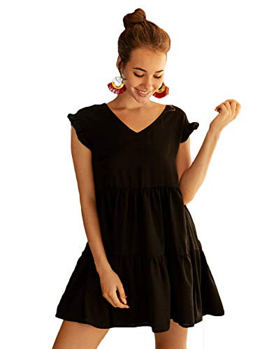 Romwe Women s Casual Cap Sleeve Flounce Sleeve V Neck Ruffle Hem Babydoll Dress Top Black Medium
