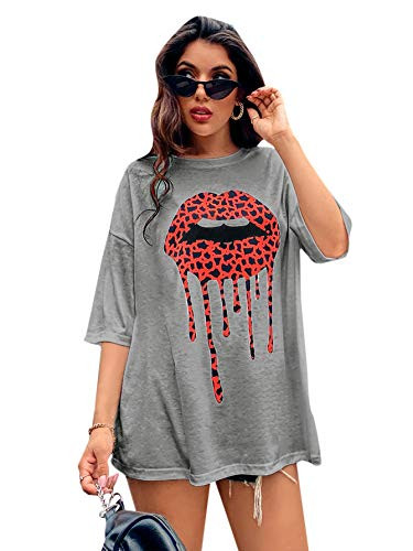 Romwe Women s Leopard Lips Graphic Print Half Sleeve Round Neck Loose T Shirt Tee Top Light Grey S