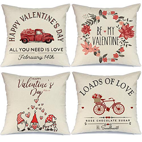 AENEY Valentines Day Pillow Covers 18x18 Set of 4 Valentines Day Decor for Home Love Heart Gnomes Truck Valentine Pillows Decorative Throw Pillows Farmhouse Valentines Day Decorations A357-18