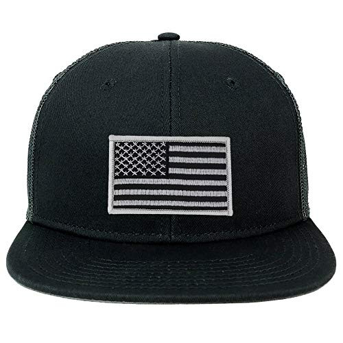 Armycrew Oversize XXL Black Grey USA Flag Patch Flatbill Mesh Snapback Cap - Black - 2XL