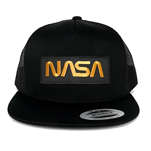 Armycrew Flexfit Oversize XXL NASA Worm Gold Text Patch 5 Panel Flatbill Snapback Mesh Cap - Black - 2XL