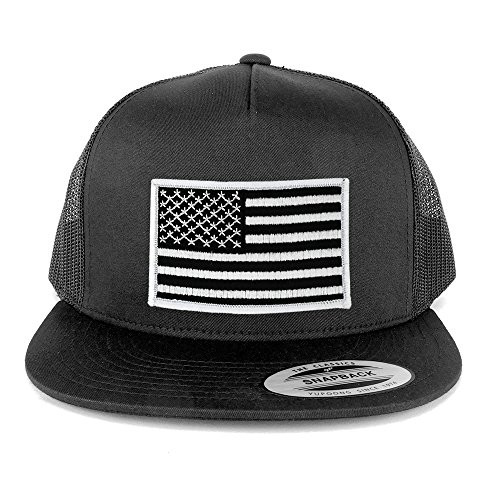 Armycrew Flexfit Oversize XXL Black White USA Flag Patch 5 Panel Flatbill Snapback Mesh Cap - Charcoal - 2XL