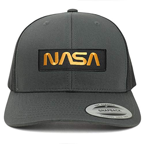 Armycrew Flexfit Oversize XXL NASA Worm Gold Text Patch Retro Trucker Mesh Cap - Charcoal - 2XL