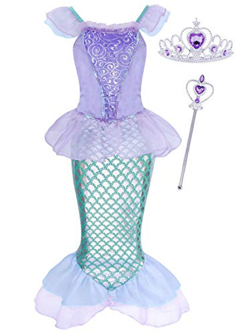 AmzBarley Mermaid Costume for Girls Fancy Dress Up Halloween Princess Sequins Birthday Theme Party Outfits with Accessories-Crown and Wand- Size 6 -5-6Years-