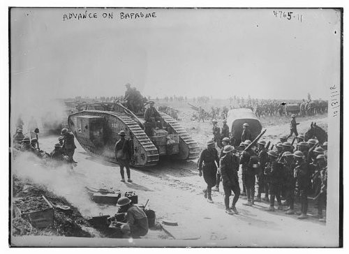 HistoricalFindings Photo  Advance Tanks Soldiers Troops Military Personnel Streets Warfare Men Bapaume