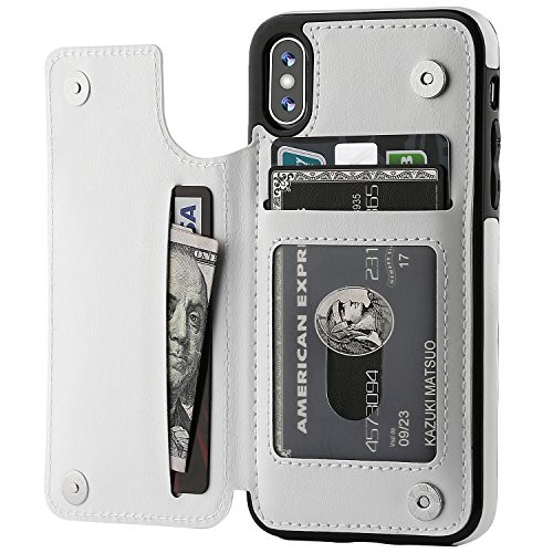iPhone Xs iPhone X Wallet Case with Card Holder,OT ONETOP Premium PU Leather Kickstand Card Slots Case,Double Magnetic Clasp and Durable Shockproof Cover (White)