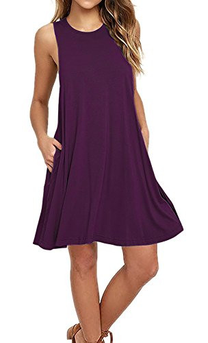 AUSELILY Women s Solid Plain Sleeveless Pockets Casual Swing T-Shirt Dresses Violet Plum -L Purple-