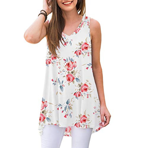 AWULIFFAN Women s Summer Sleeveless V-Neck T-Shirt Short Sleeve Sleepwear Tunic Tops Blouse Shirts -Flower White XX-Large-