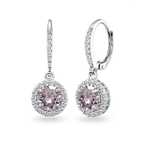 Sterling Silver Pink Round Halo Dangle Leverback Earrings Made with Swarovski Crystals