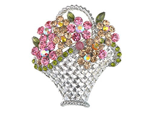 Alilang Vintage Inspired Silvery Tone Shine Pink Topaz Colorful Crystal Rhinestones Spring Floral Basket Brooch Pin Alilang Vintage Inspired Silvery Tone Shine Pink Topaz Colorful Crystal Rhinestones Spring Floral Basket Brooch Pin