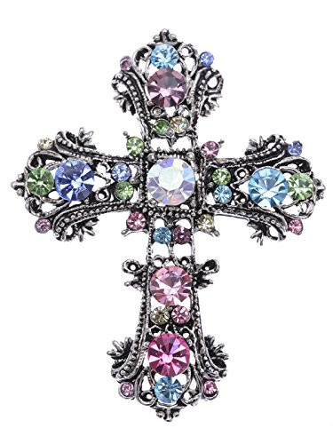 Alilang Antique Silvery Tone Multi Rhinestones Colorful Holy Cross Brooch Pin