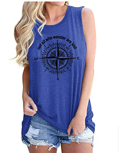 Not All Who Wander are Lost Tank Tops for Women Compass Graphic Travel Sleeveless Shirt S Blue