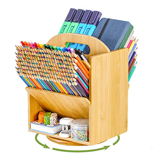 Marbrasse Bamboo Rotating Pen Organizer for Desk  Large Capacity Pencil Holder  Art Supply Organizer with 6 Compartments - Home Office Supplies Desktop Storage Caddy for Colored Pencil Pen Marker