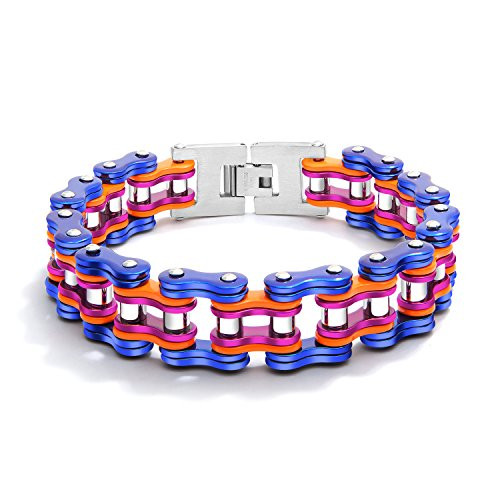 jonline24h Stainless Steel Motorcycle Biker Chain Heavy Bracelet Rock Link Wristband Bangle 8.66inch-Blue Red-