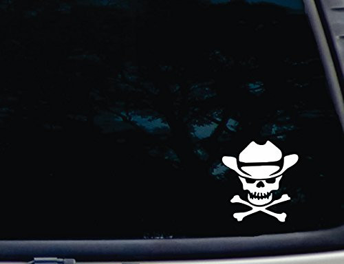 Pirate Skull with Cowboy Hat - 3 3 4 inch x 4 inch die Cut Vinyl Decal for Windows  Cars  Trucks  Tool Boxes  laptops  MacBook - virtually Any Hard  Smooth Surface