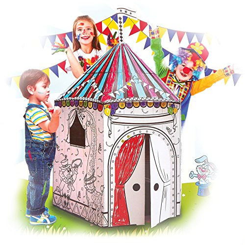 My Circus Tent Cardboard Playhouse - Large Corrugated Color In Coloring Play House for Kids - 3.5 Feet Tall - Easy Assembly, Fast Fold - by Spiritoy