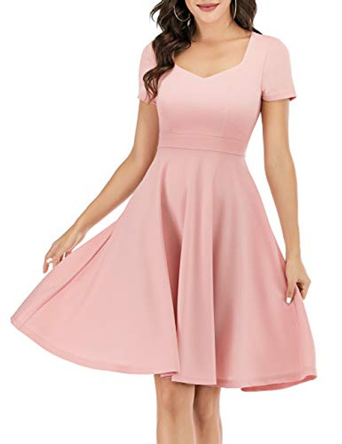 Bridesmay Women s V-Neck Vintage Dress Prom Party Swing Cocktail Bridesmaid Knee-Length Dress with Short Sleeves Blush M Bridesmay Women s V-Neck Vintage Dress Prom Party Swing Cocktail Bridesmaid Knee-Length Dress with Short Sleeves Blush M