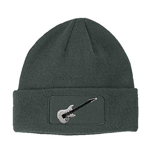 Custom Patch Beanie Electric Guitar White Embroidery Acrylic Skull Cap Hats for Men  and  Women Dark Grey Design Only