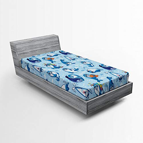 Ambesonne Sea Animals Fitted Sheet  Seal Pup Cartoon Aquatic Wildlife Friendly Hugging Water Bubbles Kids  Soft Decorative Fabric Bedding All-Round Elastic Pocket  Twin Size  Blue White Marigold