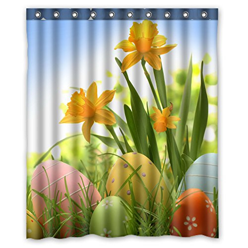 Happy Easter Yellow Flowers and Colorful eggs Waterproof Polyester Fabric Shower Curtain Size 60x72 inches