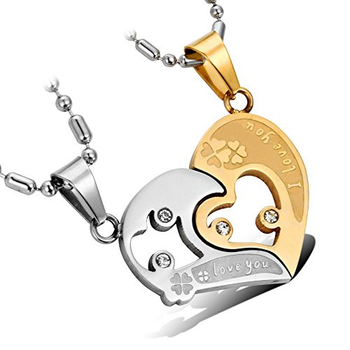Cupimatch 2 Pcs Stainless Steel His and Hers I Love You Heart Puzzle Matching Pendant Couple Necklace with Chain -Gold- Cupimatch 2 Pcs Stainless Steel His and Hers I Love You Heart Puzzle Matching Pendant Couple Necklace with Chain -Gold-